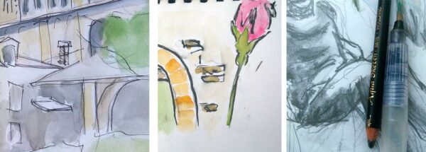 Trois desssins : à gauche, le trait de crayon est net, au centre, ça bave mais sans que ça n'ait l'air d'être problématique, à droite, le crayon est parfois "net", parfois dilué en peinture.