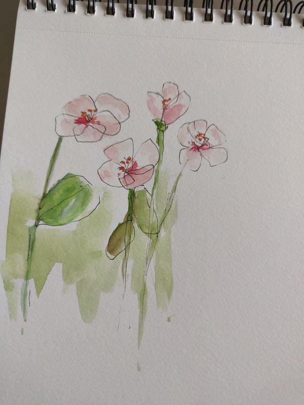 Quatre fleurs dessinées au feutre noir fin, pas follement réussies, et de l'aquarelle rose pour les pétales, verte pour les tiges et feuilles. 