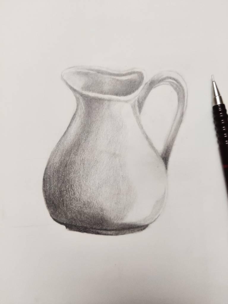 Petit pot dessiné au criterium avec une tentative de rendu du volume grâce aux différentes valeurs