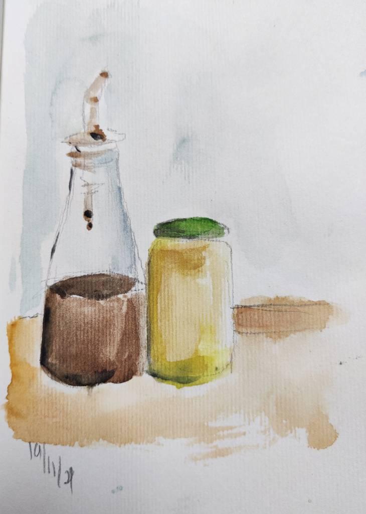 Une bouteille et un bocal à l'aquarelle