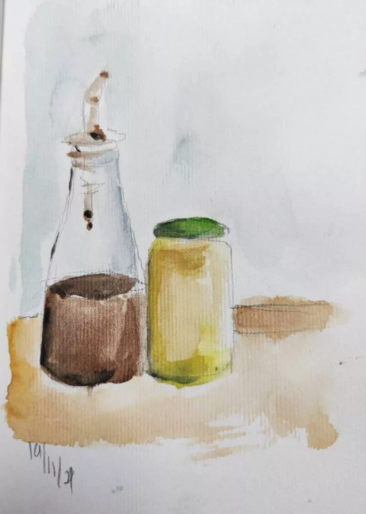 Dessin d'une bouteille et un bocal à l'aquarelle