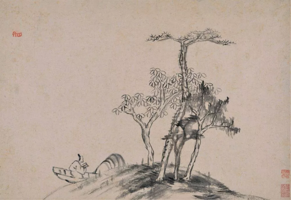 À l'encre sur papier, un groupe d'arbres au premier plan et un homme dans une barque au second