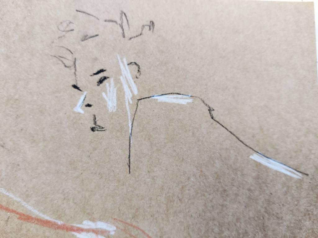 Quelques traits à la pierre noire dessinent un visage, une épaule et un dos ; quelques traits blancs