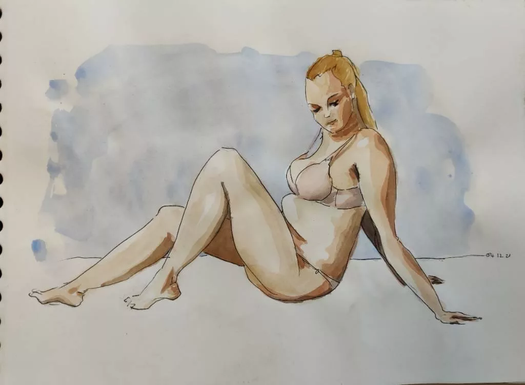 Dessin au stylo et à l'aquarelle d'une femme en sous-vêtement