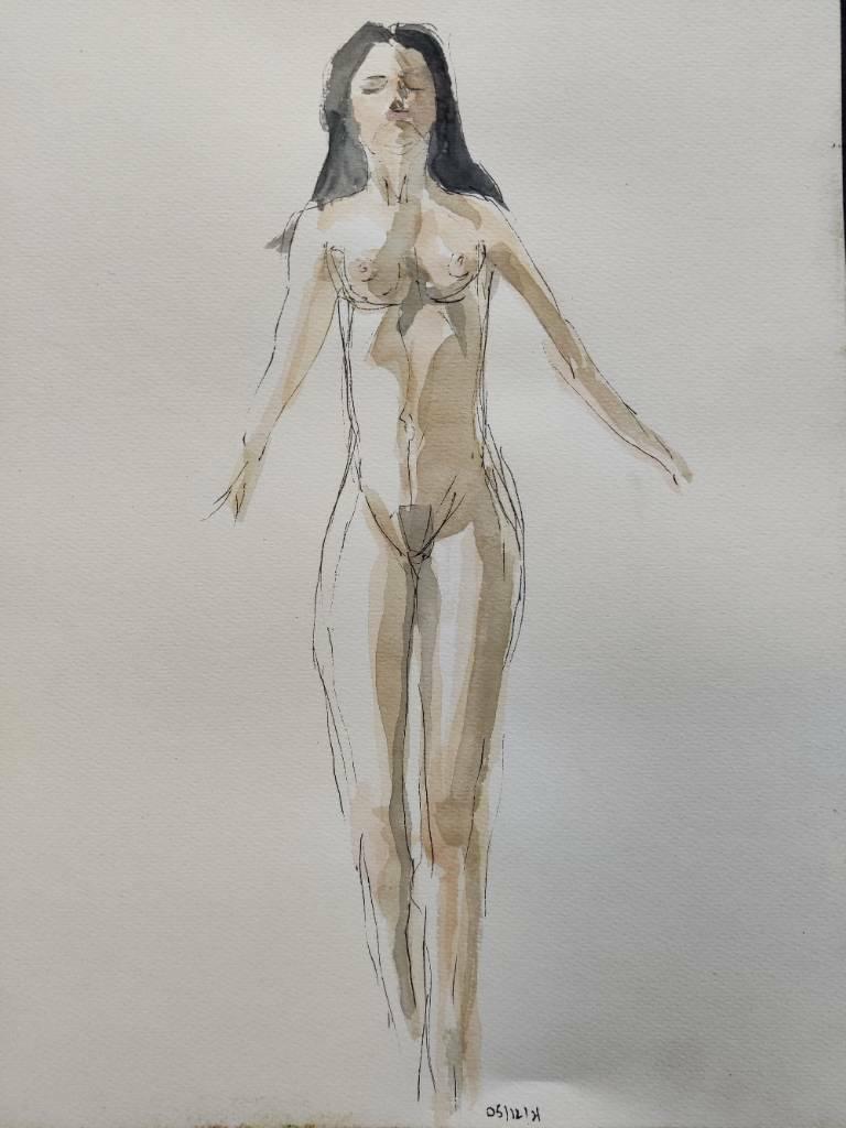Dessin (raté à mon avis) d'une femme nue debout la tête levée et les bras tendus légèrement en arrière