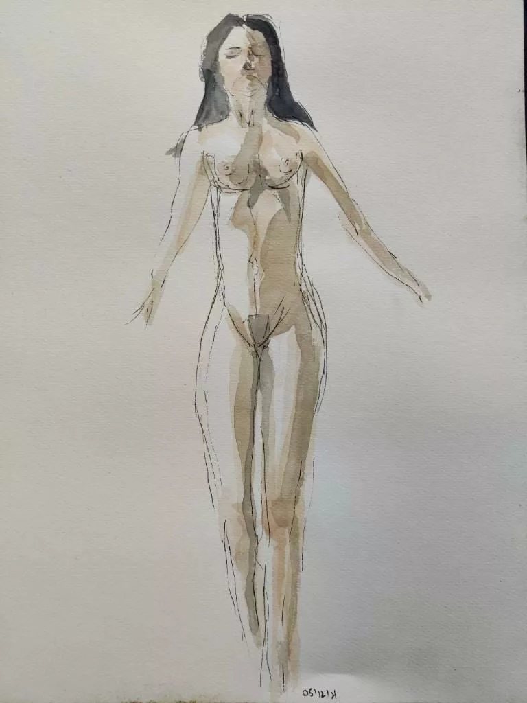 Dessin (raté à mon avis) d'une femme nue debout la tête levée et les bras tendus légèrement en arrière