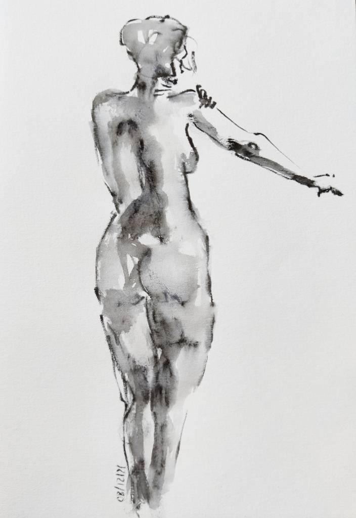 Dessin au feutre et à l'eau d'une femme nue de dos et debout.