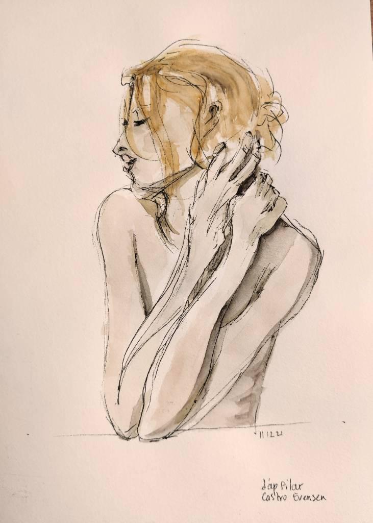 Dessin au feutre fin et à l'aquarelle du buste d'une femme accoudée avec les deux mains dans le cou