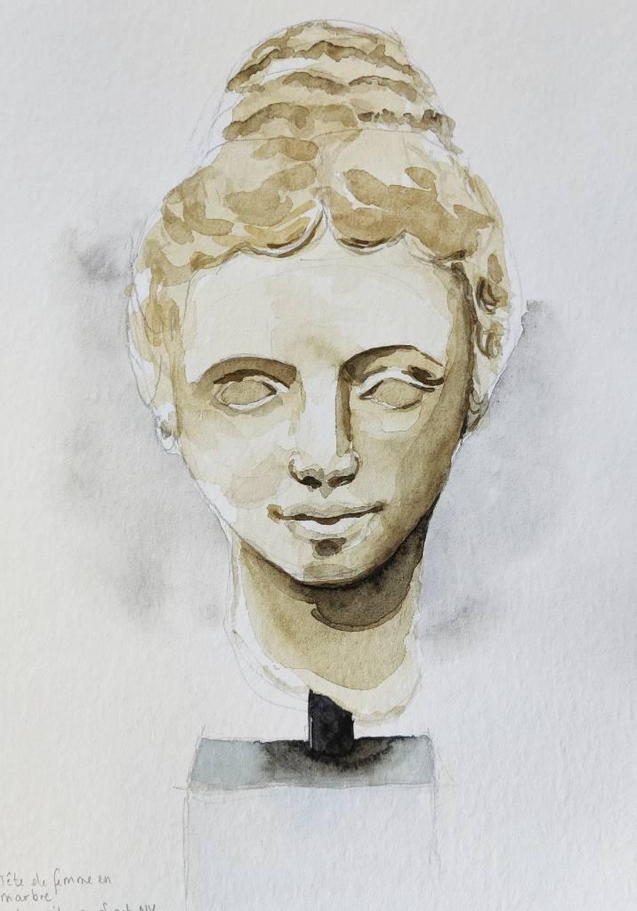Dessin représentant une tête sculptée de femme, de face, sur un support