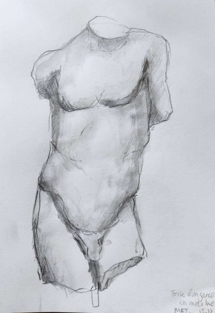Croquis au crayon d'une sculpture de torse coupé au cou et à mi-cuisse