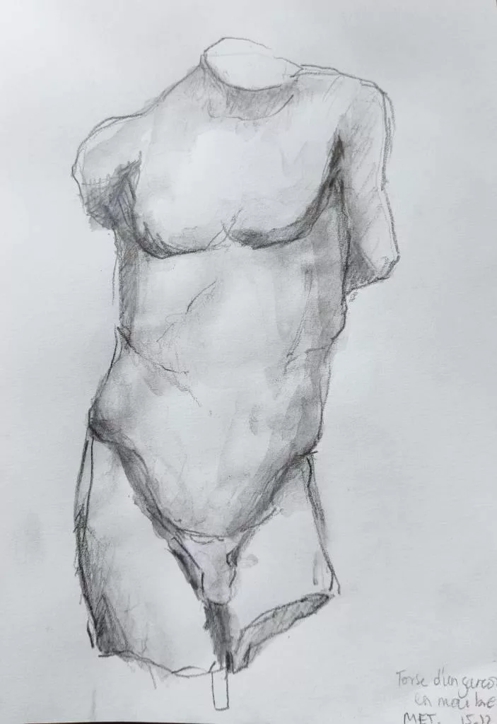 Croquis au crayon d'une sculpture de torse coupé au cou et à mi-cuisse