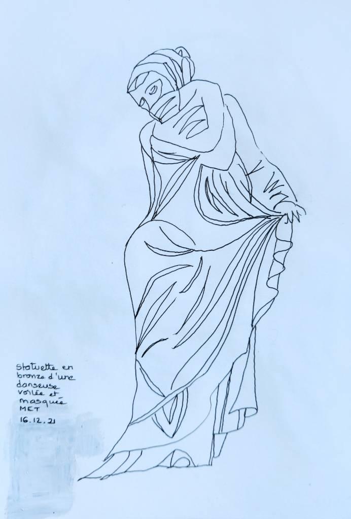 Dessin au trait net (c'est pas le cas de la grosse majorité de mes croquis) d'une statuette de femme debout tenant son drapé