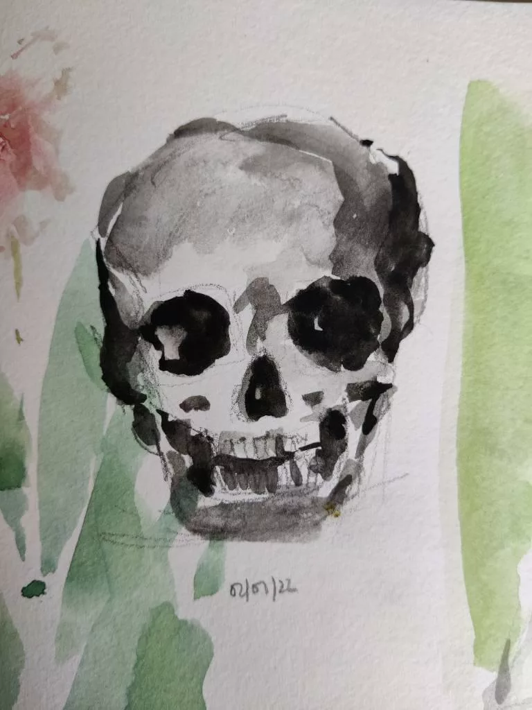Peinture, vite faite, d'une tête de mort en noir et nuances de gris