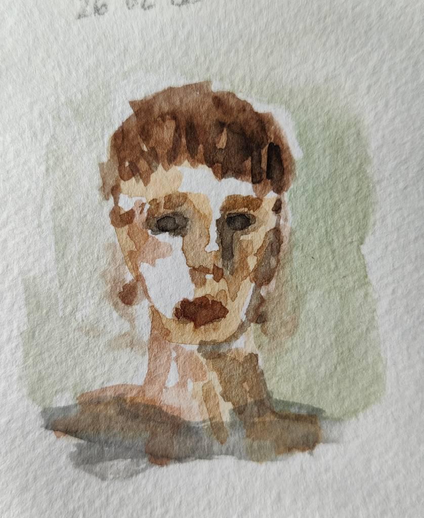 Visage d'une femme brune aux cheveux très courts à l'aquarelle