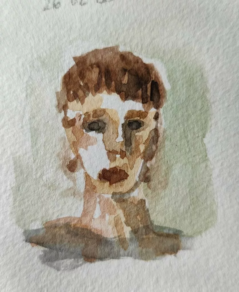 Visage d'une femme brune aux cheveux très courts à l'aquarelle