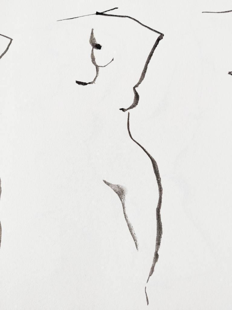 Une silhouette matérialisée par quelques traits de pinceau à l'encre noire : côté droit du corps, pubis et début de la cuisse gauche, un peu de visage