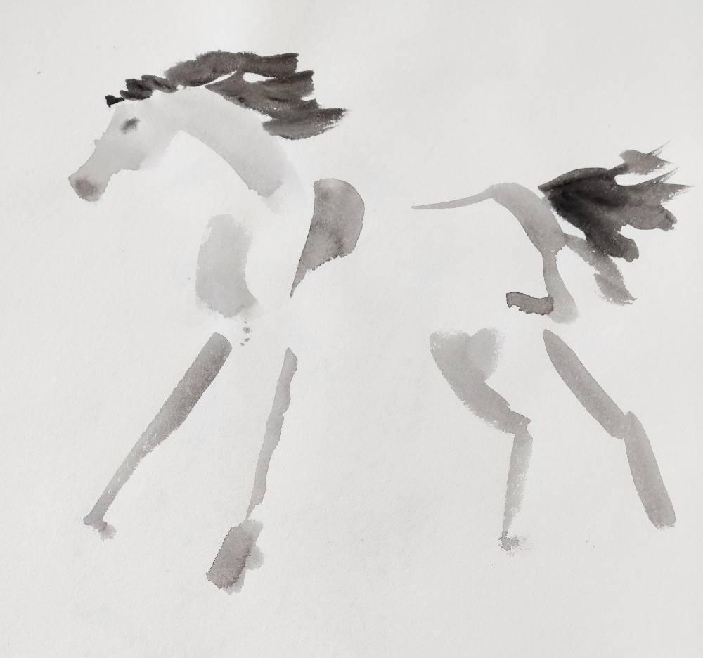 Croquis en quelques coups de pinceaux d'un cheval galopant