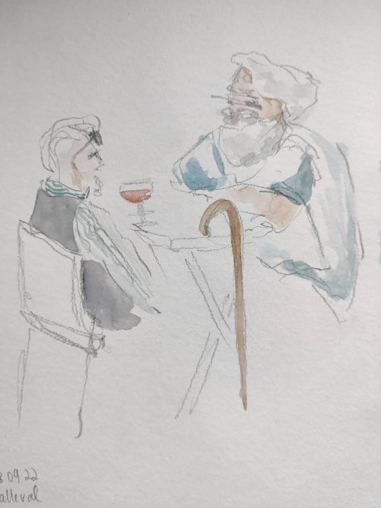 Croquis au crayon et un peu d'aquarelle de deux vieux atablés ; une canne au premier plan