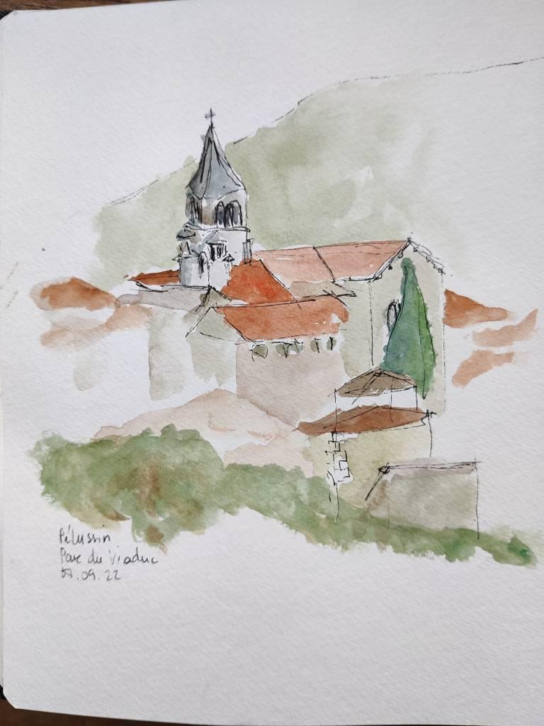 Clocher un peu tordu (mais j'ai fais pire) à l'aquarelle dans une vue de toits de village
