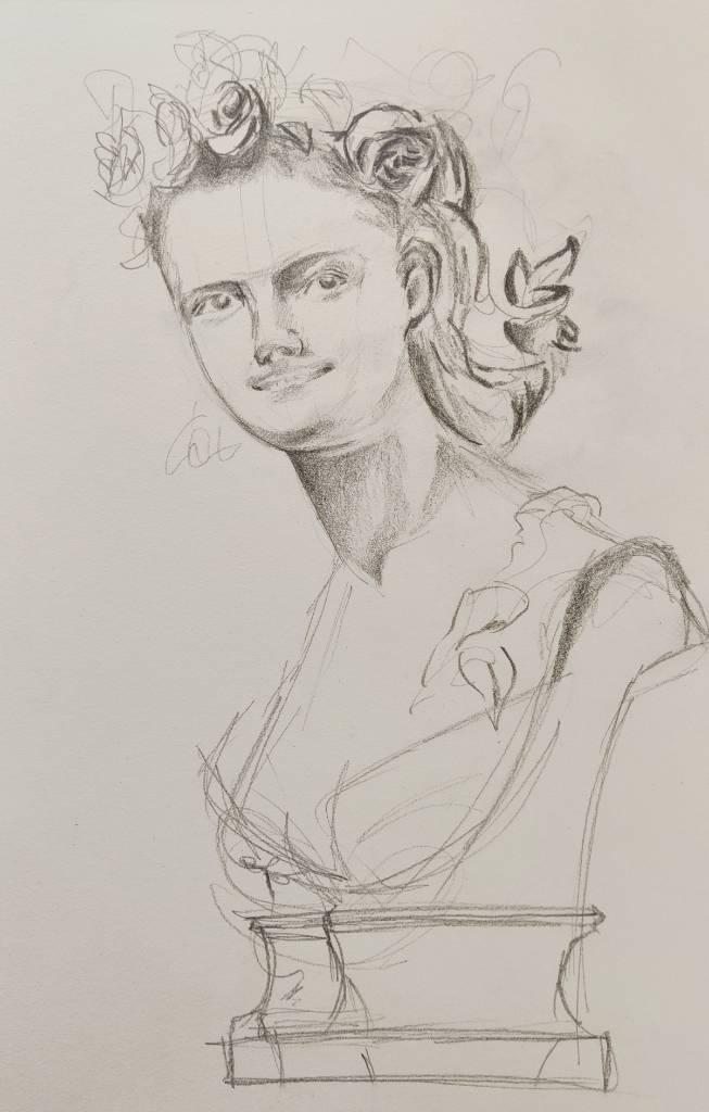 Croquis au crayon d'un buste de jeune fille. Le visage et les fleurs sur le frond sont un peu plus travaillés trnadis que le socle et la poitrine sont tracés à gros traits