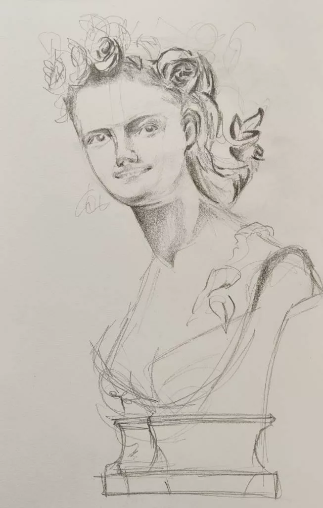 Croquis au crayon d'un buste de jeune fille. Le visage et les fleurs sur le frond sont un peu plus travaillés trnadis que le socle et la poitrine sont tracés à gros traits