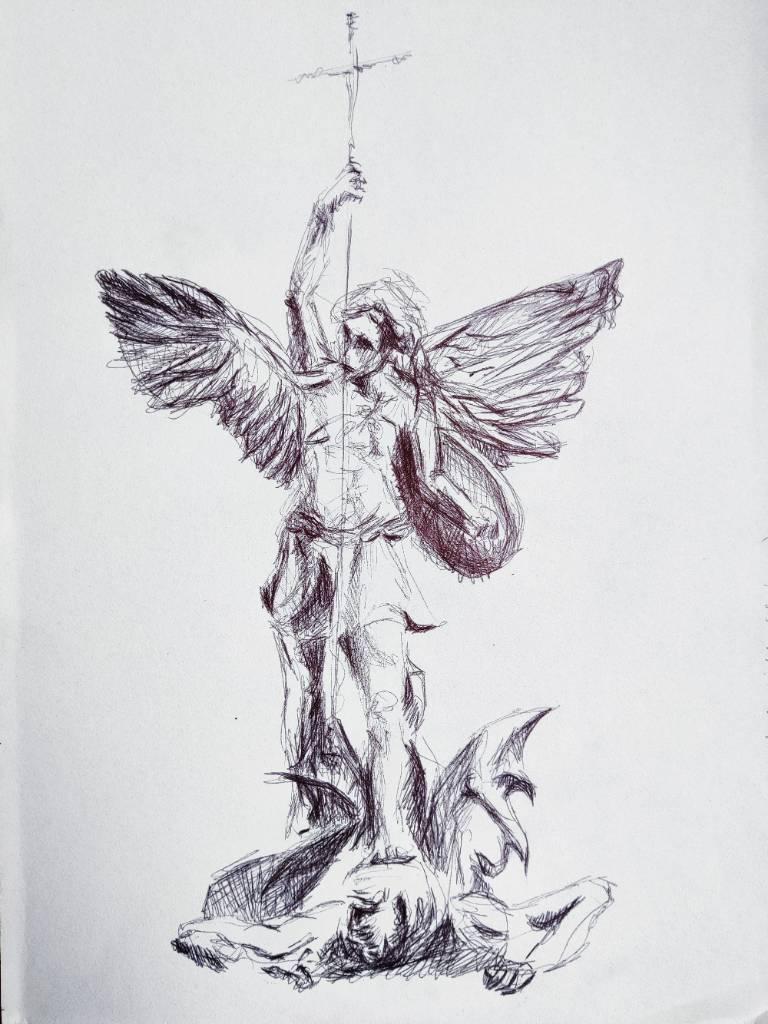 Dessin au stylo bille noir d'un ange victorieux, le pied sur un démon au sol