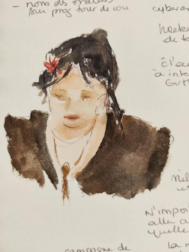 Croquis d'un visage de femme avec une fleur dans les cheveux