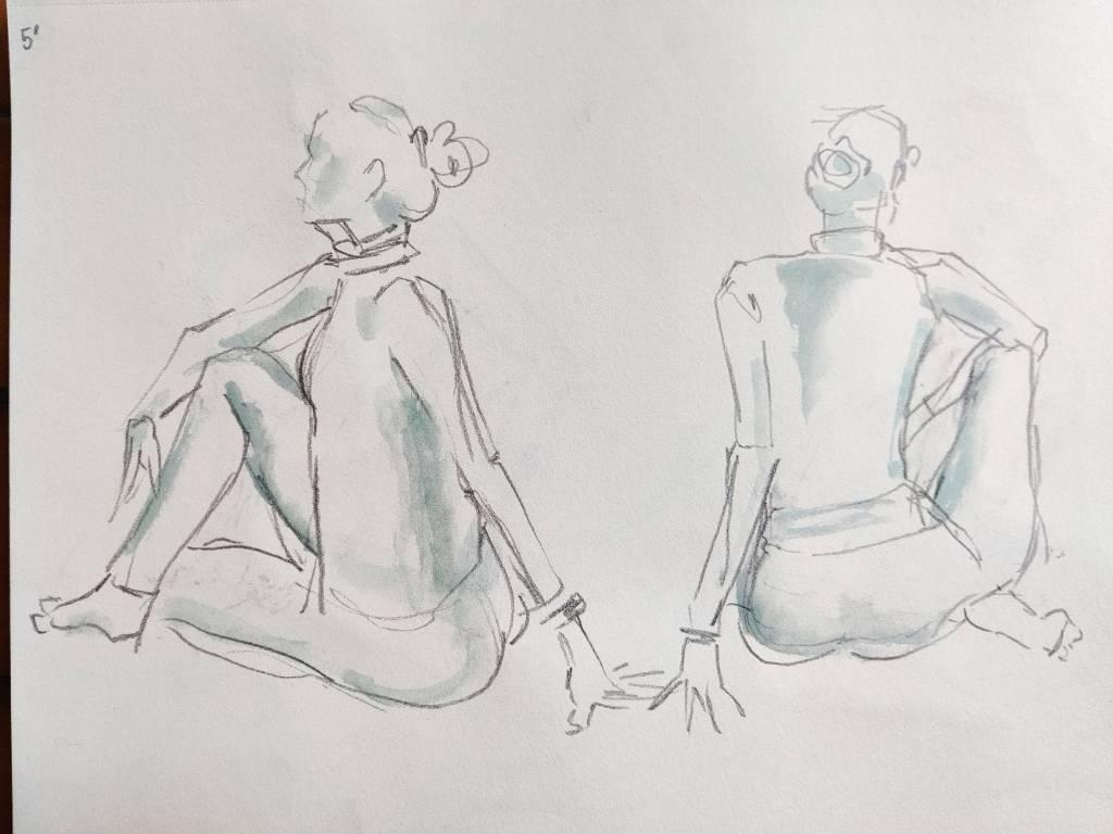 Deux dessins au crayon avec touche d'aquarelle d'une même pose vue de deux angles différents : une femme assise au sol. Dans un coin "5'"