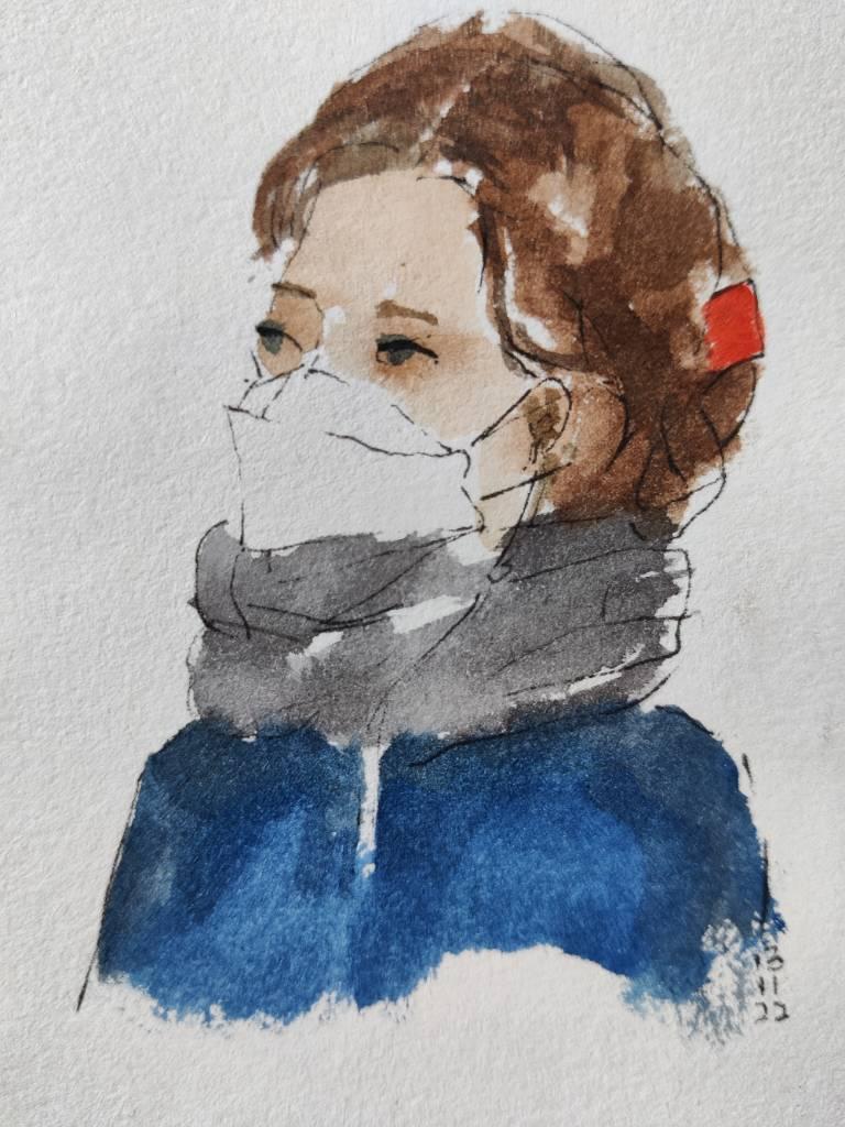 Portrait d'une femme avec un masque au feutre et à l'aquarelle - "13 11 22"