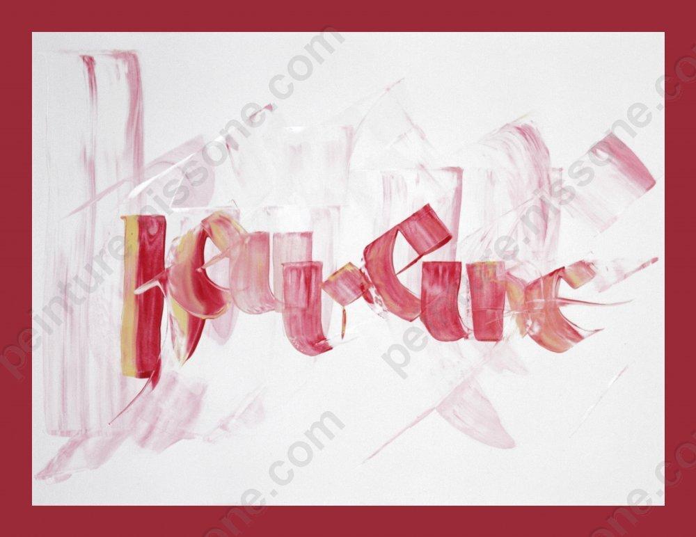 Calligraphie où l'on distingue presque le mot écrit ("heureux") à forte dominante rose