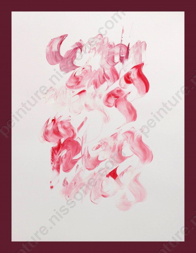 Calligraphie où l'on distingue à peine les lettre. Forte dominante rose (de rose très pâle à rose intense)