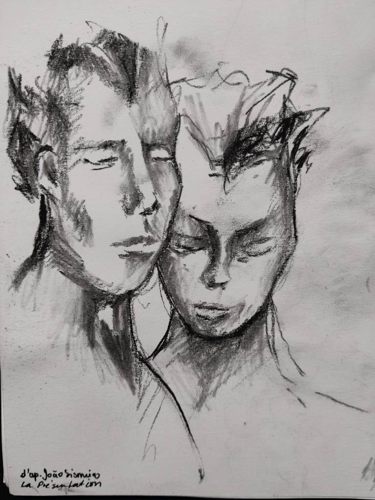 Deux visages, l'un contre l'autre, dessinés rapidement à la pierre noire