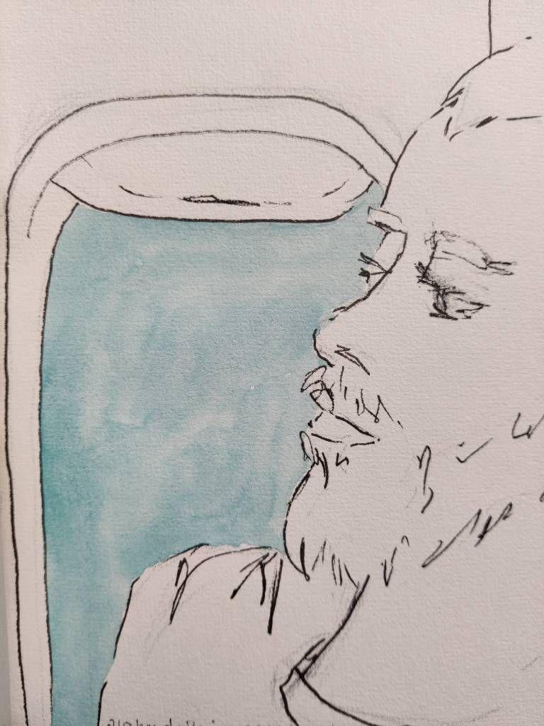 Croquis au trait noir d'un homme quasi de profil devant un hublot. Seule la vitre est en bleu