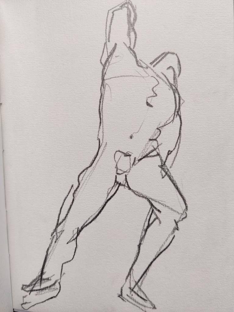 Croquis au crayon reprenant la pose d'un homme nu se courbant en arrière, vu de face