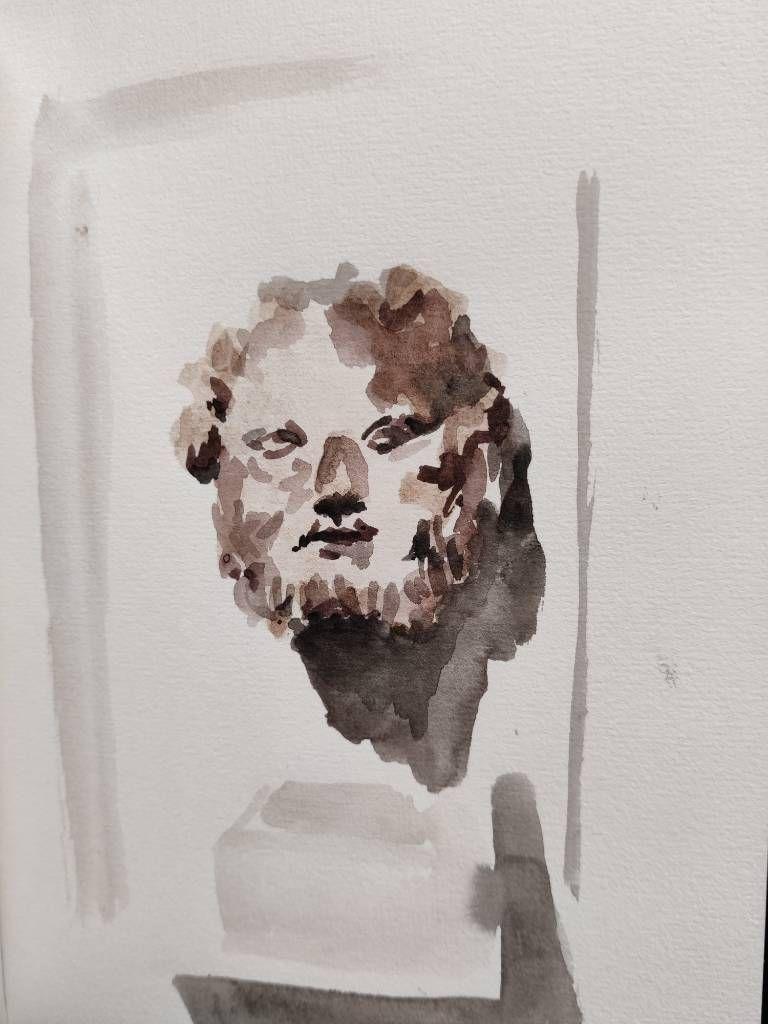Croquis à l'aquarelle reprenant une sculpture antique représentant un visage d'homme barbu