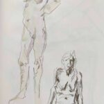 Deux croquis d'une femme au corps affaissé ; l'un à la mise de plomb avec une touche d'aquarelle, l'autre uniquement à la mine de plomb