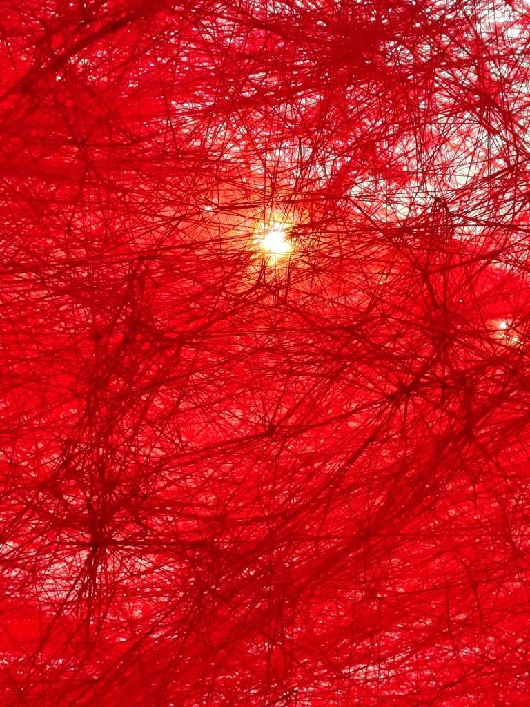 Enchevêtrement de fils rouge ; on devine un "cercle" un peu plus tracé et une lumière derrière