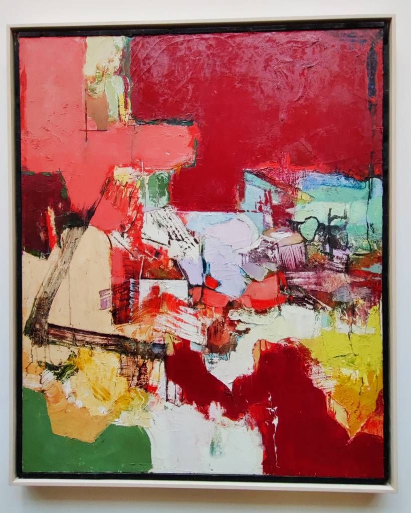 Peinture faite de traces et de surépaisseurs à majorité rouge