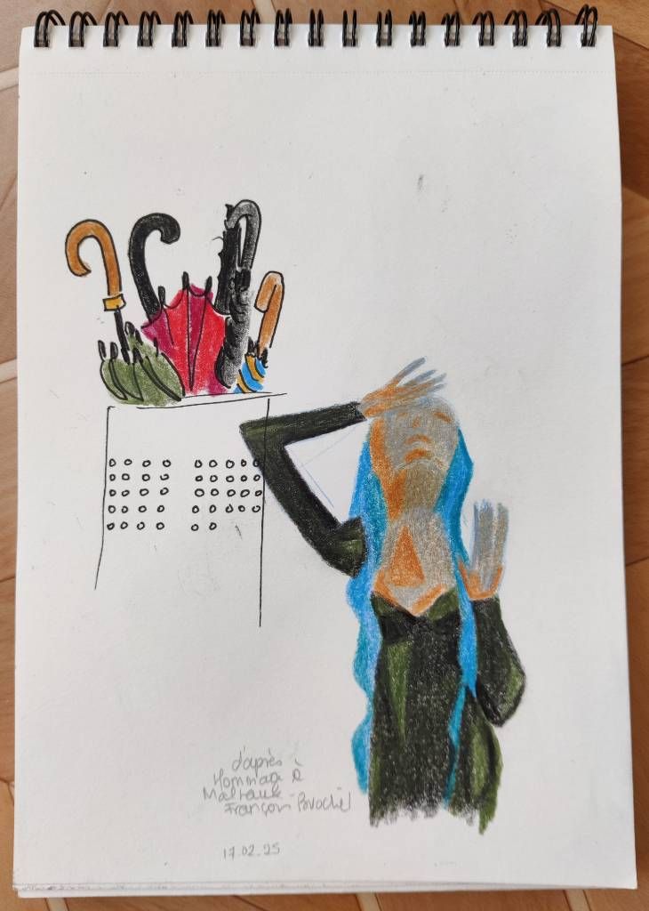 Un croquis représentant cinq parapluies dans un pot et un croquis d'une sculpture en bois peint d'une femme tête renversée et main sur le front