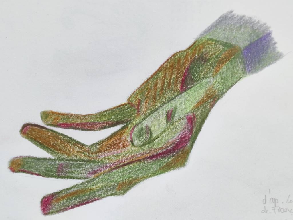 Dessin aux crayons de couleur représentant une main tendue