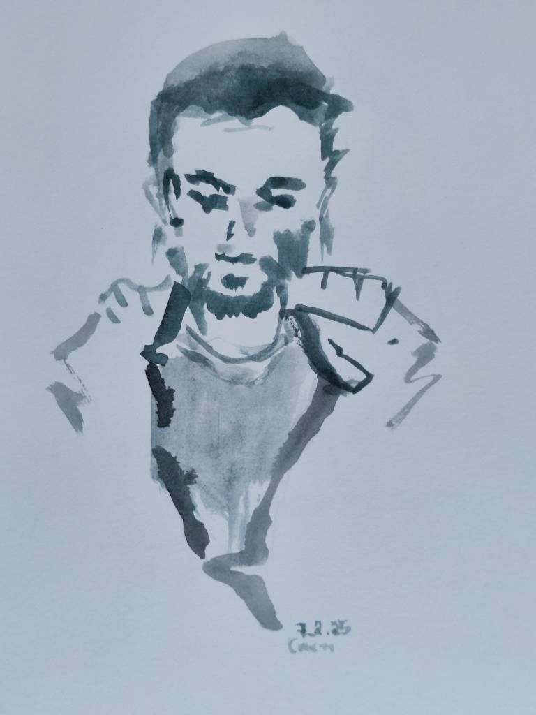 Portrait à l'aquarelle d'un homme barbu avec un blouson ouvert sur un t-shirt