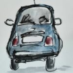 Croquis au feutre-pinceau et à l'aquarelle de l'arrière d'une voiture ; le traitement et la forme font très voiture pour enfant