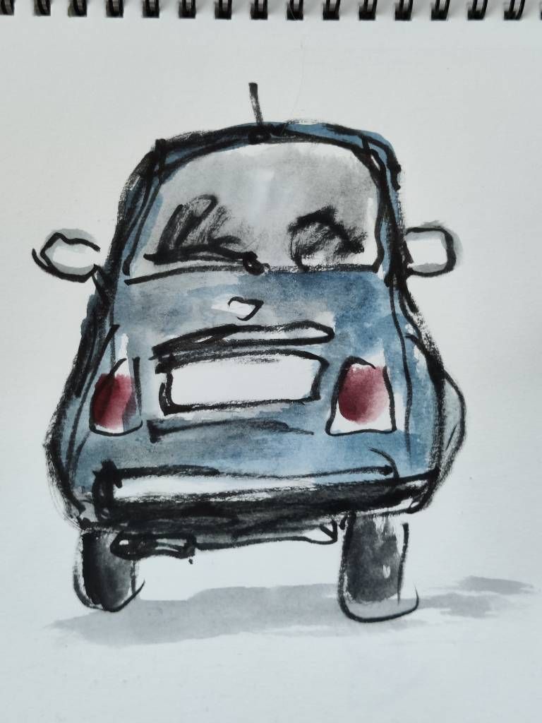 Croquis au feutre-pinceau et à l'aquarelle de l'arrière d'une voiture ; le traitement et la forme font très voiture pour enfant