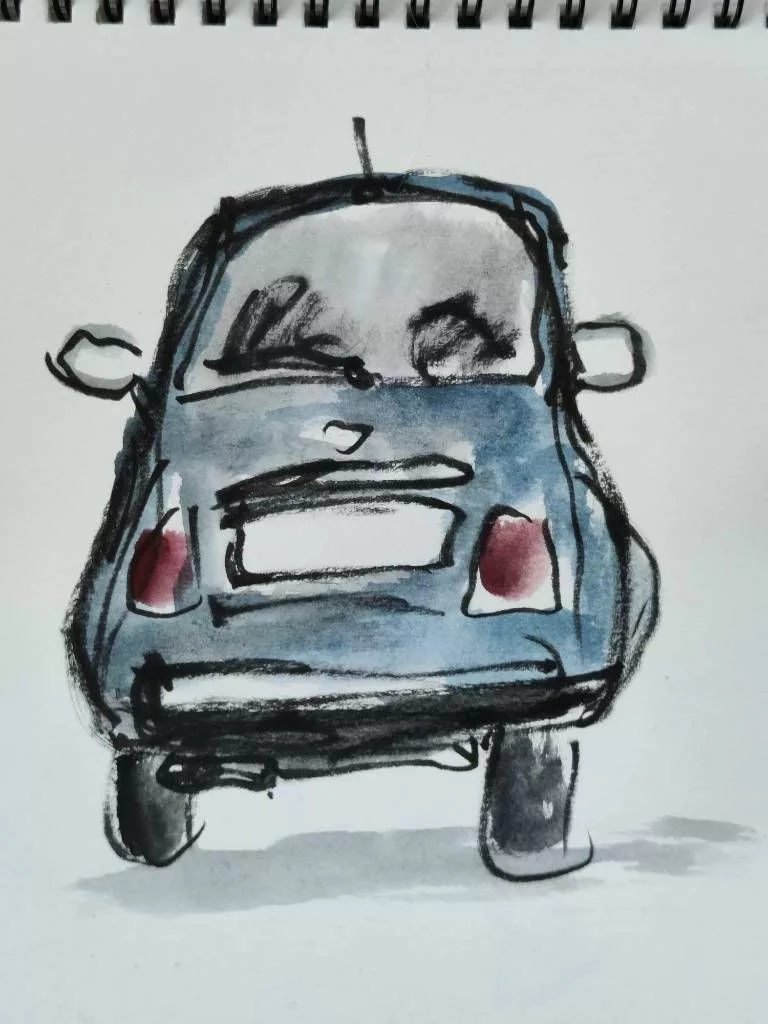 Croquis au feutre-pinceau et à l'aquarelle de l'arrière d'une voiture ; le traitement et la forme font très voiture pour enfant