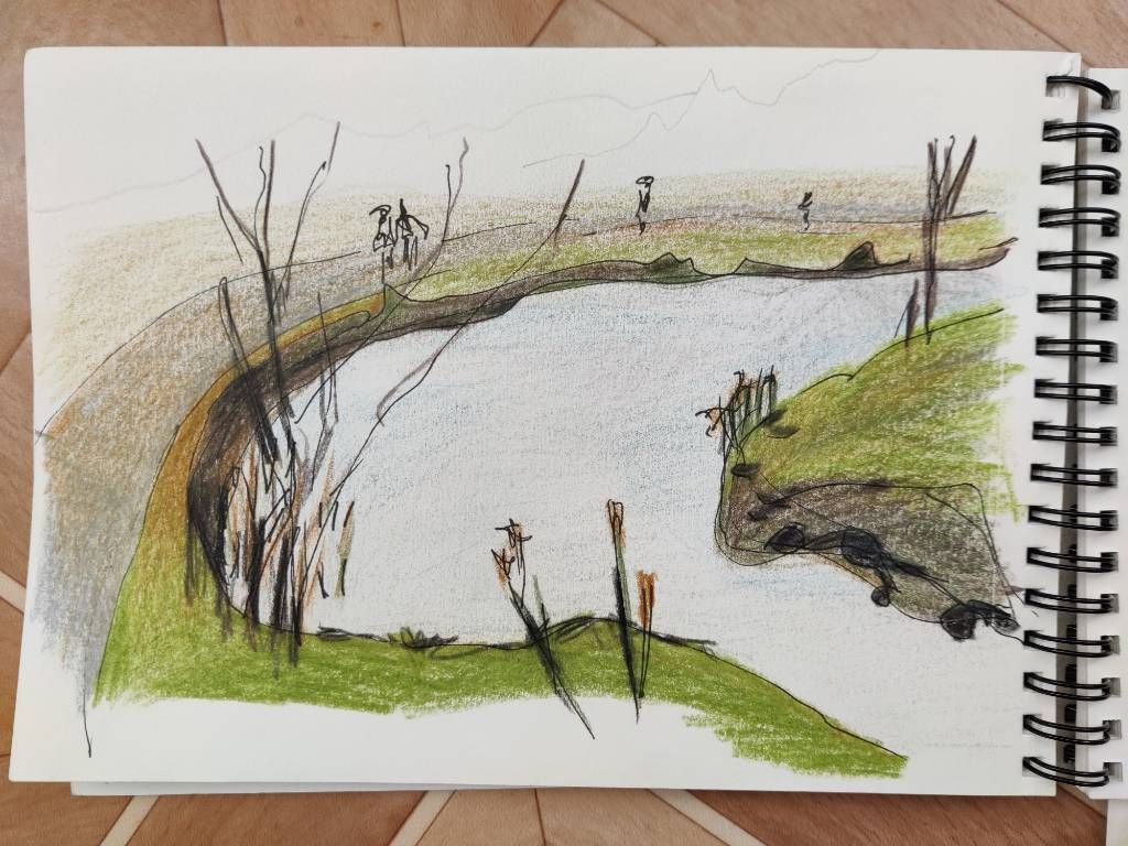 Dessin d'un paysage où un cours d'eau fait un virage