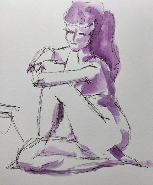 Croquis au feutre fin noir et à l'aquarelle d'une femme nue assise les bras appuyés sur son genou levé