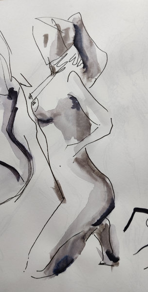 Croquis d'une femme nue au feutre et à l'aquarelle noire