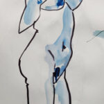 Croquis d'une femme nue debout au feutre et à l'aquarelle