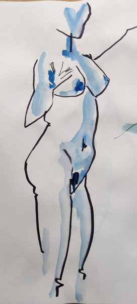 Croquis d'une femme nue debout au feutre et à l'aquarelle