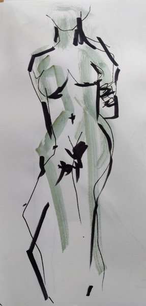 Croquis d'une femme nue au feutres fin et épais avec quelques traces d'aquarelle.